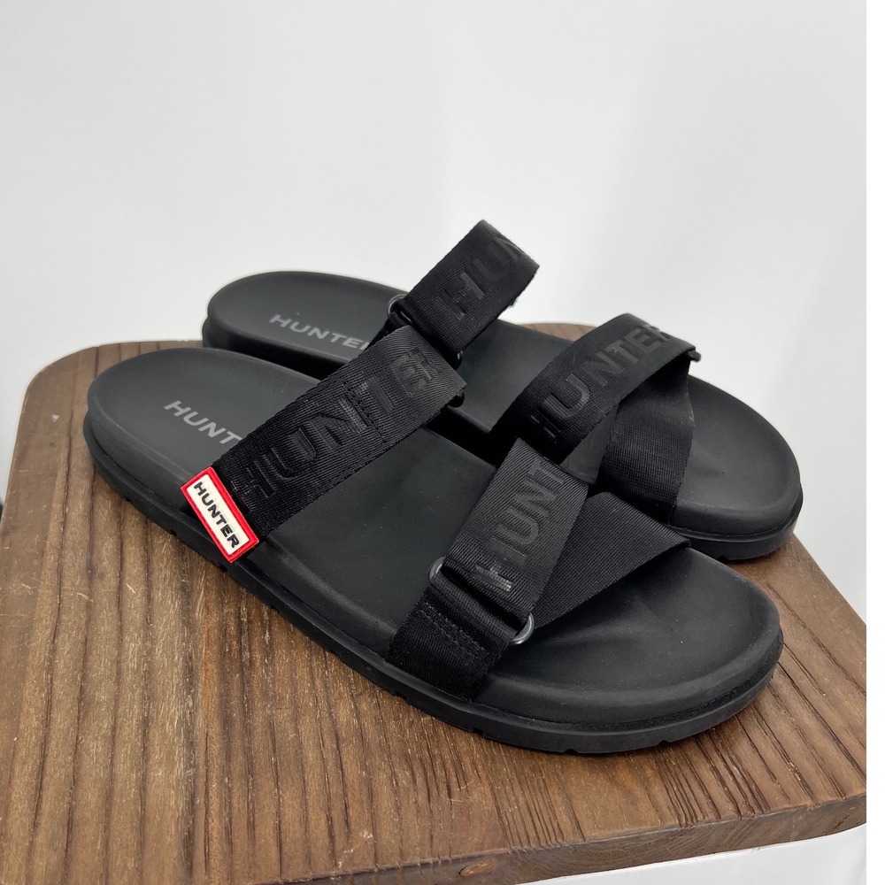 Hunter Wrylee Slide Sandals Women's Size 11 Black Logo Strap Comfort Slip On